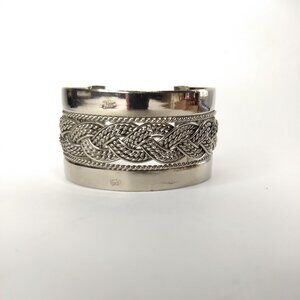 Silver Tone Braided Cuff Bracelet  Preppy Modern Western Stamped Mark Front